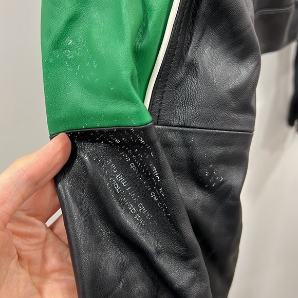 Camila Coelho Cropped Moto Biker Leather Jacket in Green & Black - Picture 8 of 9
